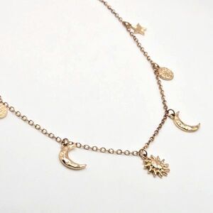 Gold Tone Chain with Celestial Charms Sun Moon Stars 30" with 8" Extender PLT